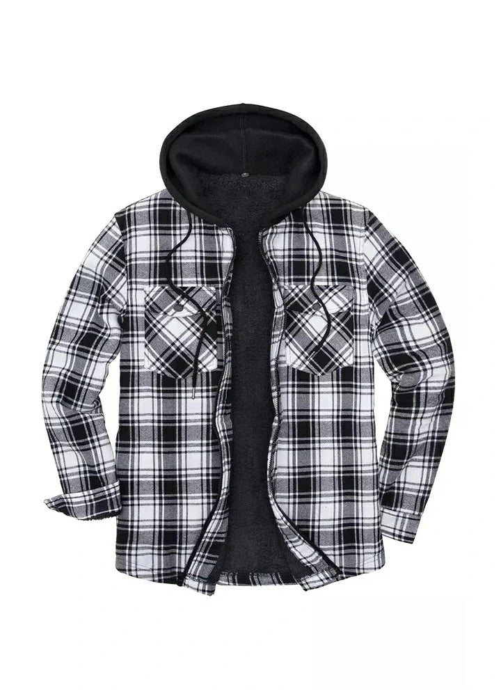 Men's Sherpa Lined Full Zip Up Flannel Plaid Hooded Jacket-11
