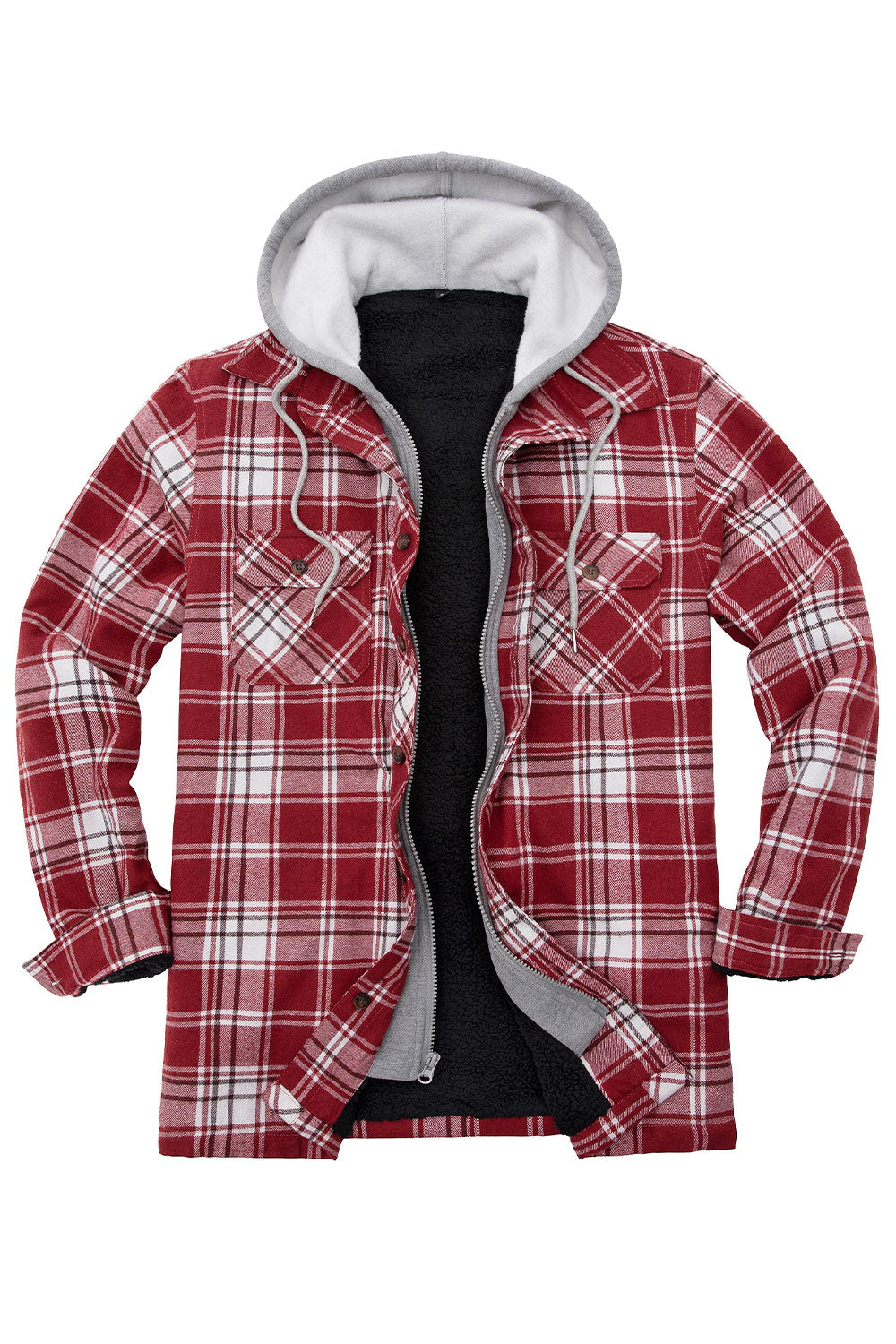 Men's Fuzzy Sherpa Lined Zip Up Plaid Flannel Shirt Jacket with Hood-3