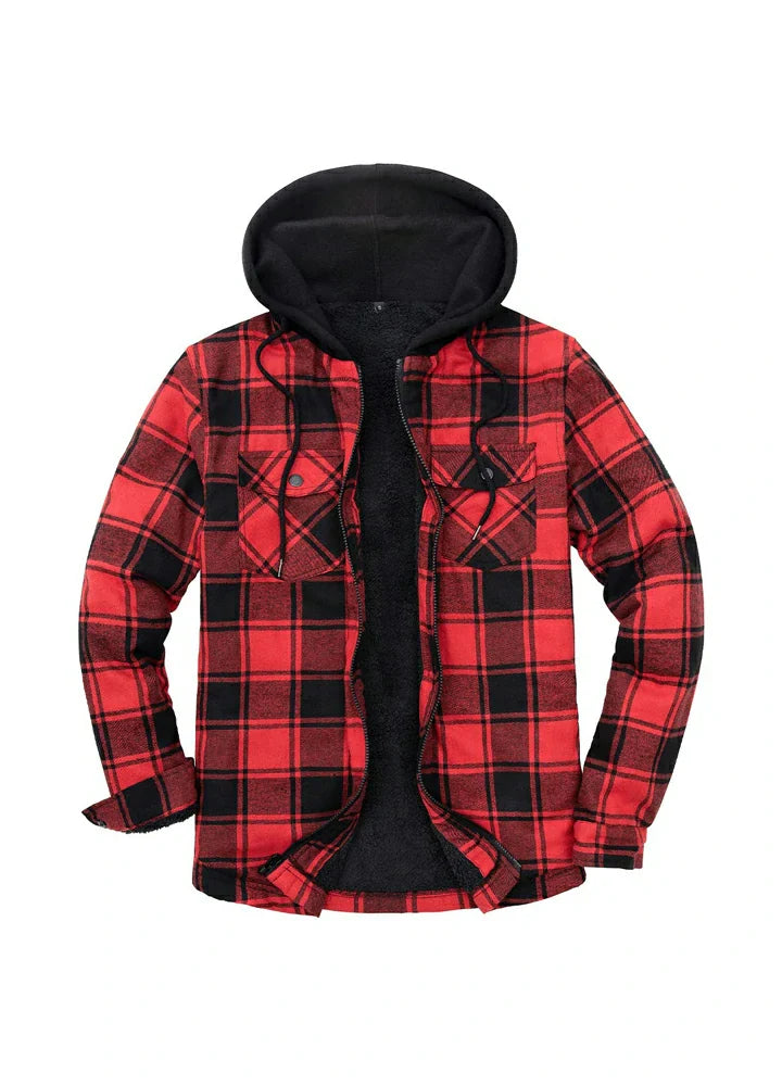 Men's Sherpa Lined Full Zip Up Flannel Plaid Hooded Jacket-15