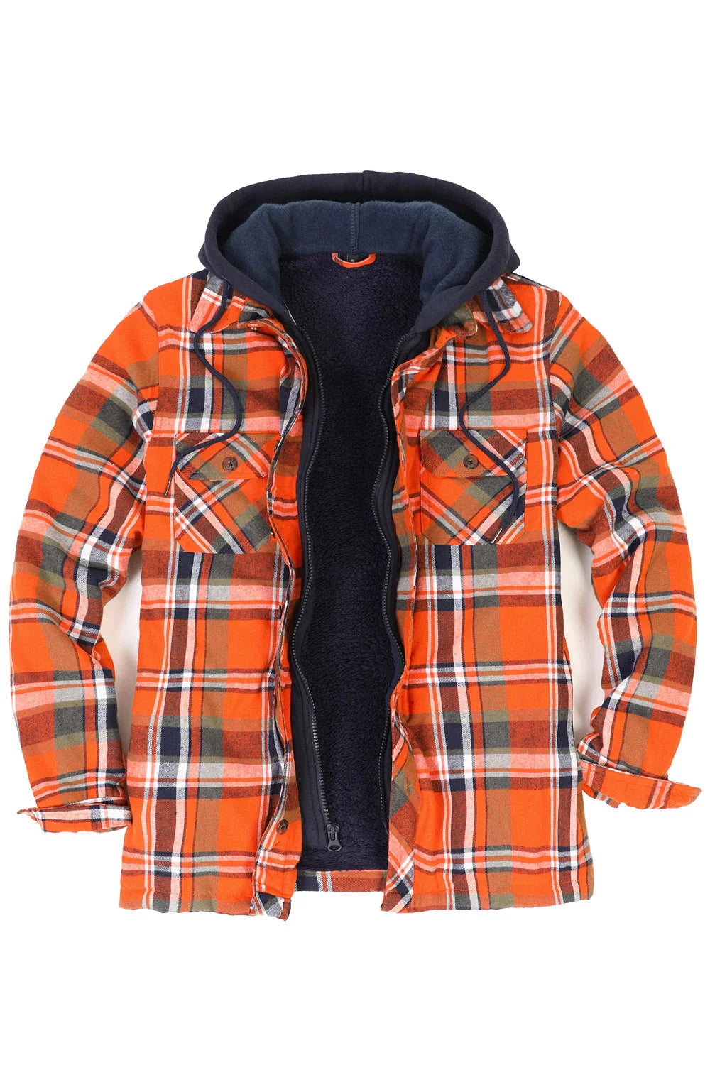 Men's Fuzzy Sherpa Lined Zip Up Plaid Flannel Shirt Jacket with Hood-7