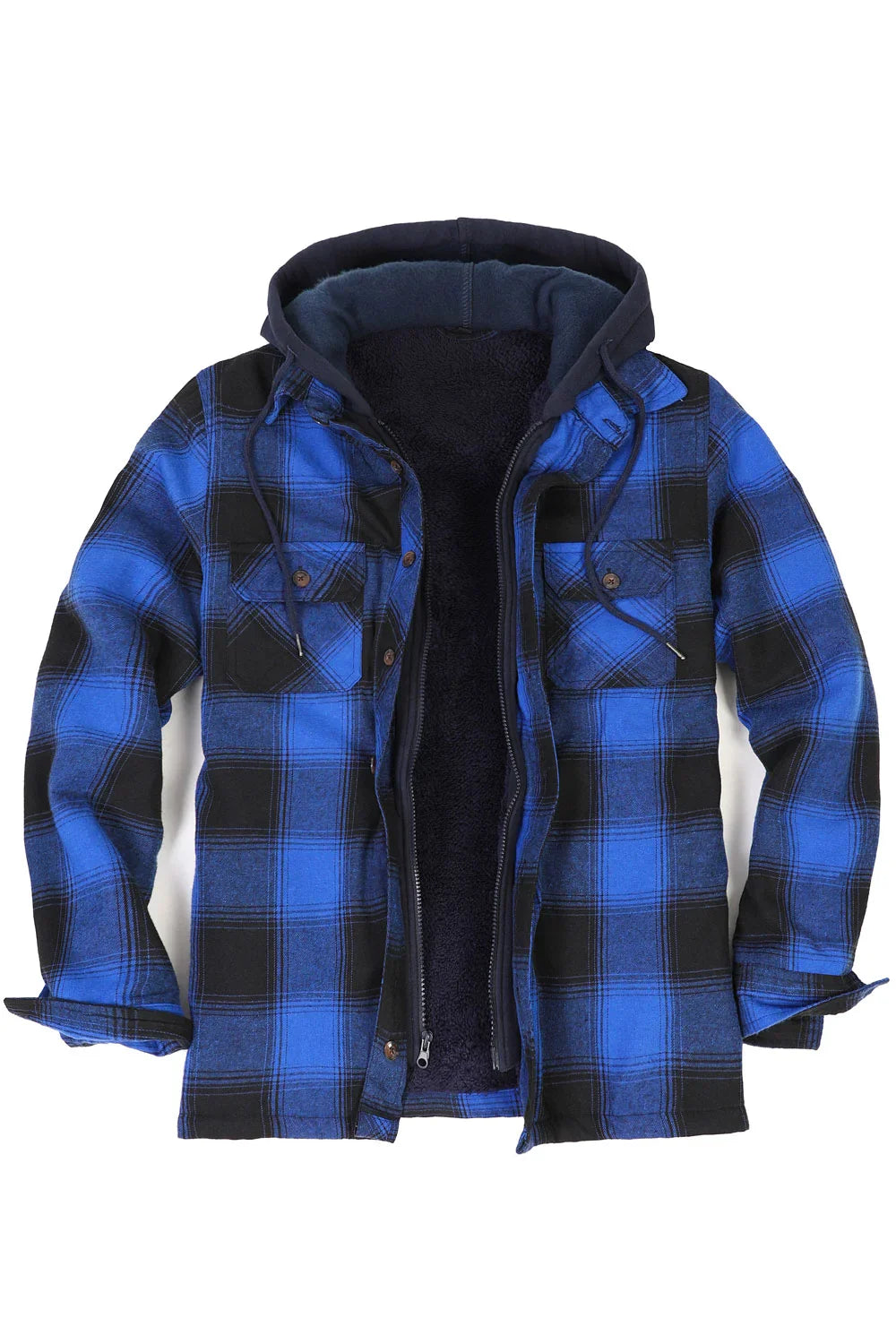 Men's Fuzzy Sherpa Lined Zip Up Plaid Flannel Shirt Jacket with Hood-8