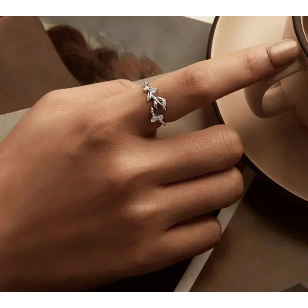 Nature'S Embrace - Sterling Silver Double Leaf Ring With Sparkling Zirconia