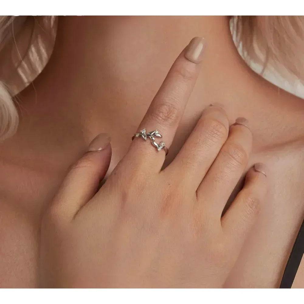 Nature'S Embrace - Sterling Silver Double Leaf Ring With Sparkling Zirconia