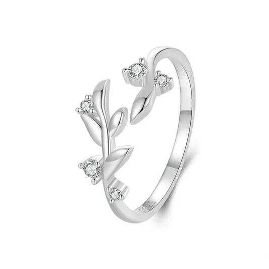 Nature'S Embrace - Sterling Silver Double Leaf Ring With Sparkling Zirconia