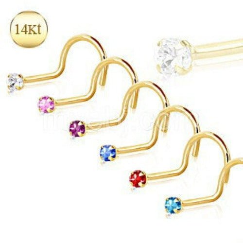 14Kt Yellow Gold Screw Nose Ring with Prong Setting Gem-0