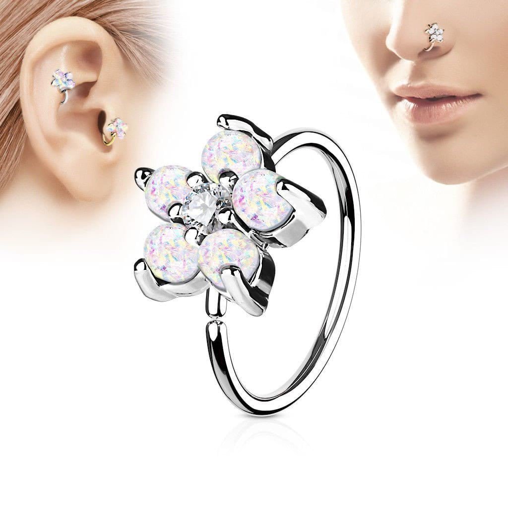 316L Stainless Steel Synthetic Opal Flower Nose Hoop / Cartilage Earring-2