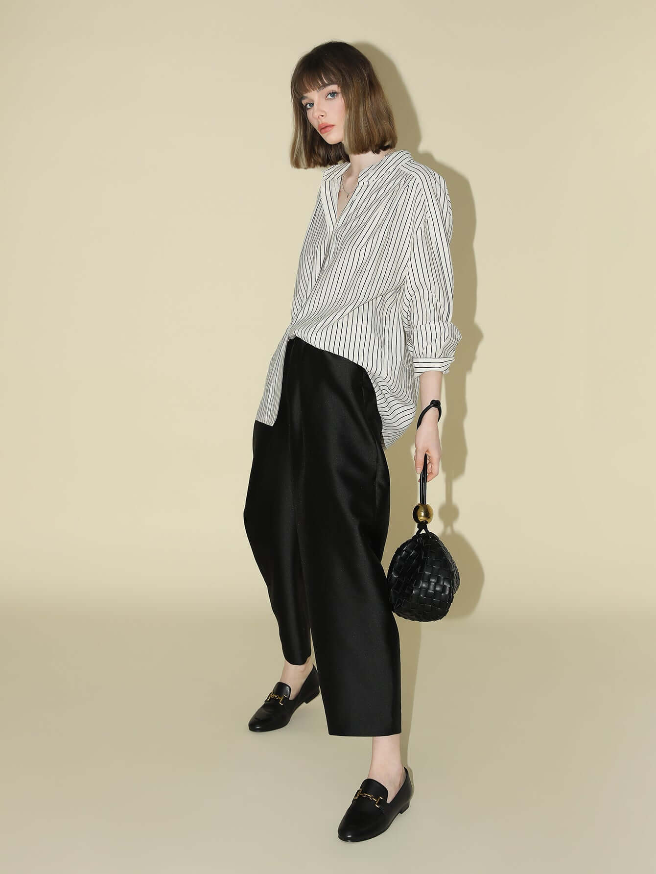 Pin Tuck Stripe Collared Long Sleeve Shirt-1