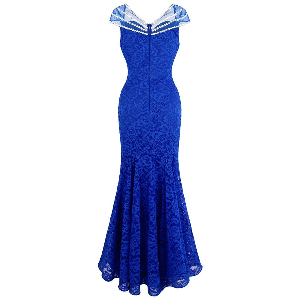 Women's Cap Sleeve Beading Lace Evening Dresses Long Mermaid Wedding Party Gown Blue-4