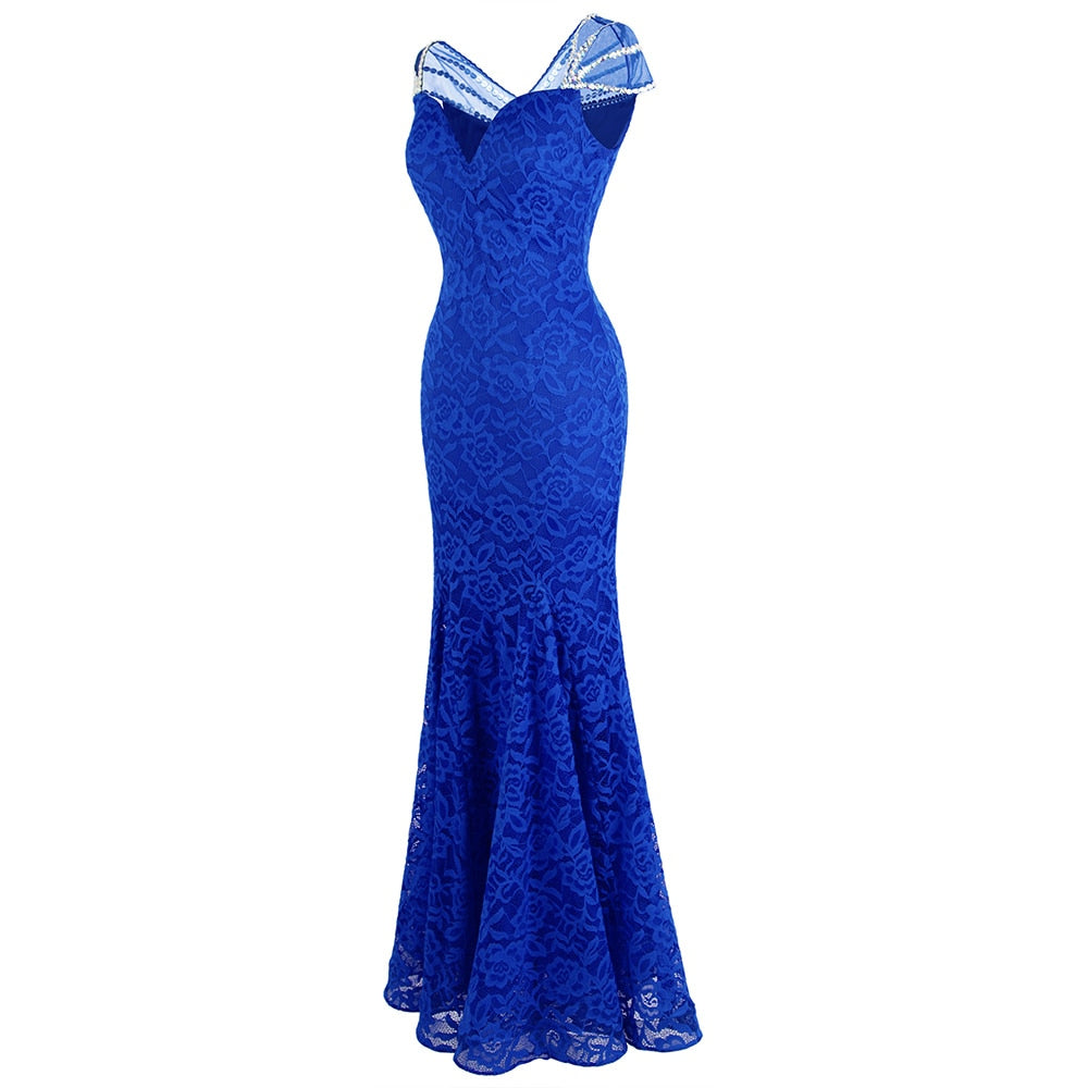Women's Cap Sleeve Beading Lace Evening Dresses Long Mermaid Wedding Party Gown Blue-1