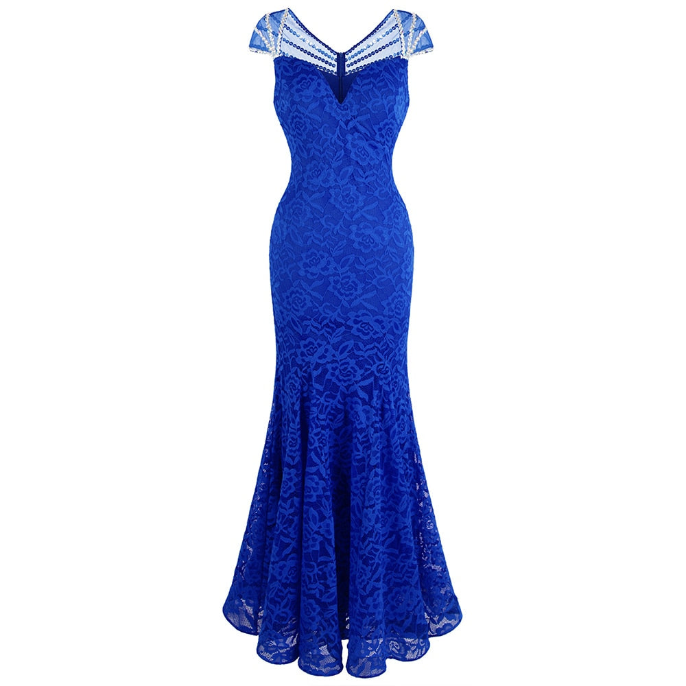 Women's Cap Sleeve Beading Lace Evening Dresses Long Mermaid Wedding Party Gown Blue-0
