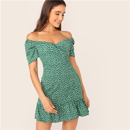 Green Off Shoulder Wrap Front Ruffle Hem Ditsy Floral Mini Dress Women Summer Puff Sleeve High Waist Boho Slim Dresses-5