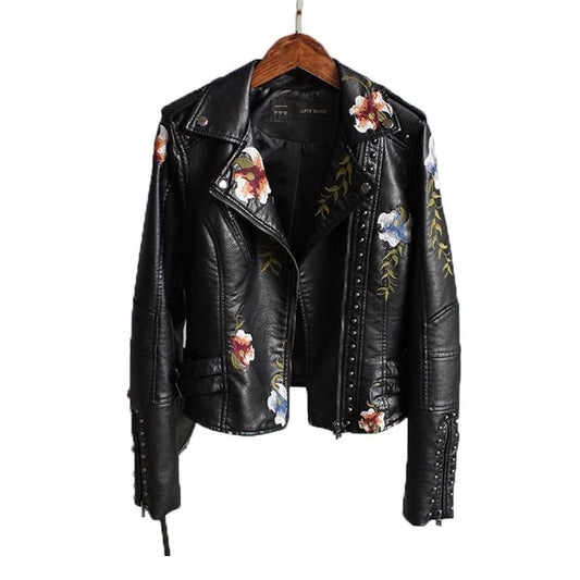 Women Floral Print Embroidery Faux Soft Leather Jacket Coat  Turn-down Collar Casual Pu Motorcycle Black Punk Outerwear-0