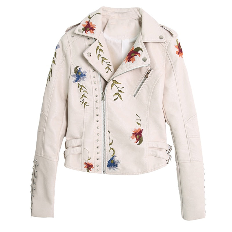 Women Floral Print Embroidery Faux Soft Leather Jacket Coat  Turn-down Collar Casual Pu Motorcycle Black Punk Outerwear-2