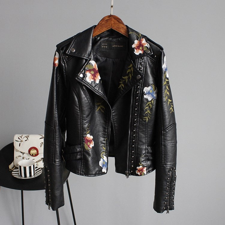 Women Floral Print Embroidery Faux Soft Leather Jacket Coat  Turn-down Collar Casual Pu Motorcycle Black Punk Outerwear-4