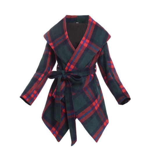 Women Winter Wool Jacket Coat Vintage Turn Down Shawl Collar Plaid Woolen Blend Overcoat Tops Outwear-0