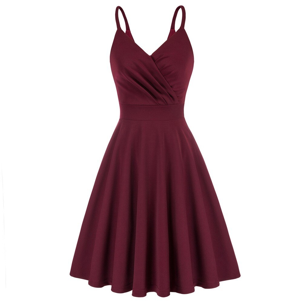 Grace Karin Women V-Neck Cami Dress Summer Sexy U-Back Pleated Bodice Flared A-Line Knee Length Swing Dress Cocktail Party Lady-1