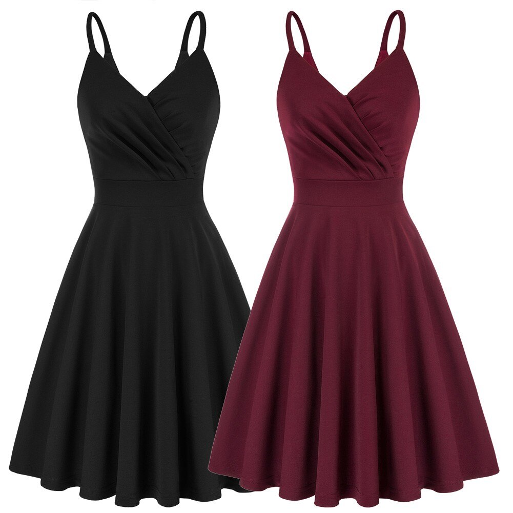 Grace Karin Women V-Neck Cami Dress Summer Sexy U-Back Pleated Bodice Flared A-Line Knee Length Swing Dress Cocktail Party Lady-0