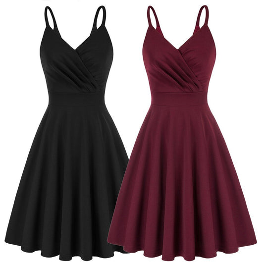 Grace Karin Women V-Neck Cami Dress Summer Sexy U-Back Pleated Bodice Flared A-Line Knee Length Swing Dress Cocktail Party Lady-0