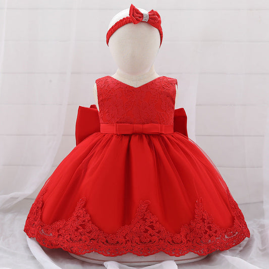 Baby Girl Floral Mesh Overlay Design Princess Full Moon Formal Dress & Headband-10