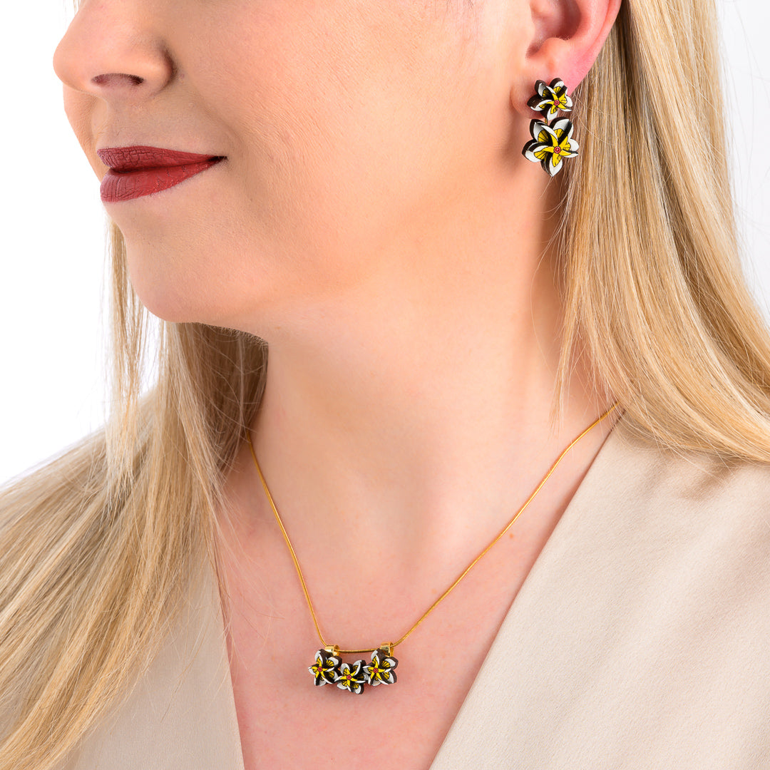 Paguro Upcycle Reclaimed Wood Earrings - Yellow Floral Kamboja Frangipani-2
