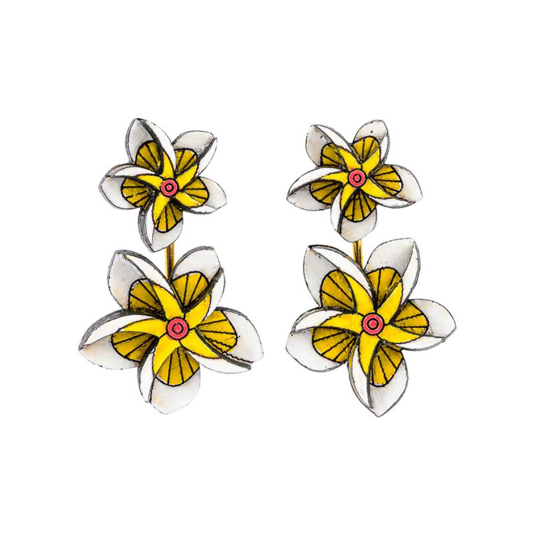 Paguro Upcycle Reclaimed Wood Earrings - Yellow Floral Kamboja Frangipani-0