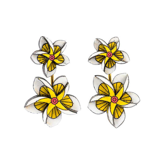 Paguro Upcycle Reclaimed Wood Earrings - Yellow Floral Kamboja Frangipani-0