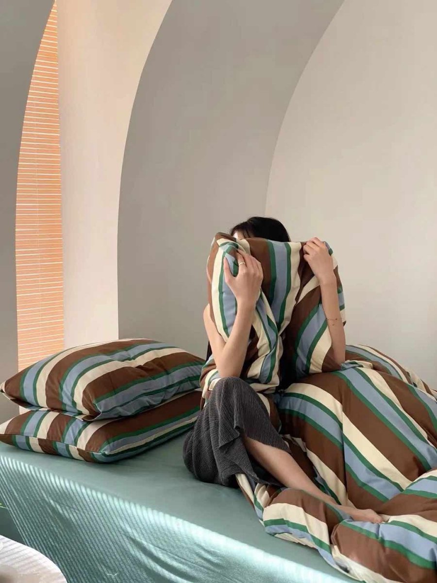 Retro Earthy Tone Stripe Queen Duvet Cover Set with Pillowcases, 100% Cotton-3