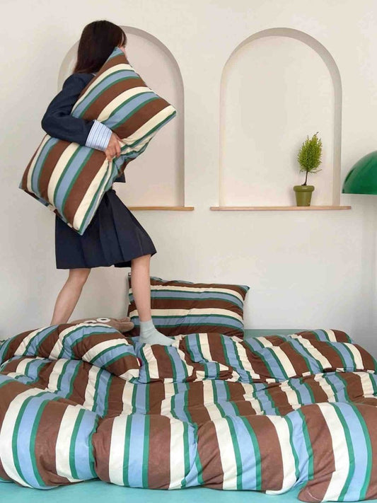 Retro Earthy Tone Stripe Queen Duvet Cover Set with Pillowcases, 100% Cotton-0