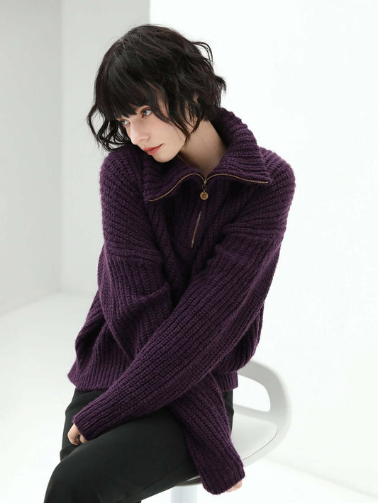 Retro Half-zip Purple Knit Top-0