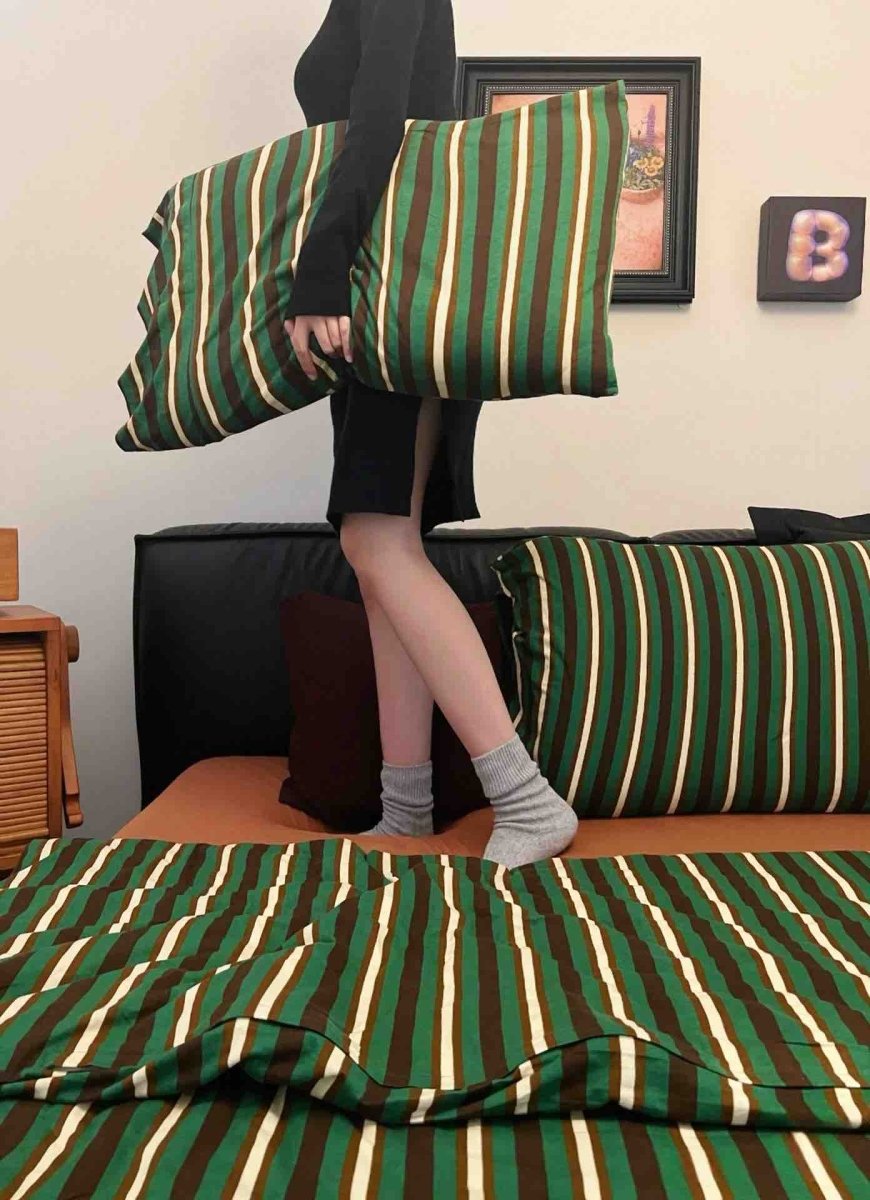 Retro Jersey Knit Stripe Queen Duvet Cover Set with Pillowcases & Fitted Sheet-3
