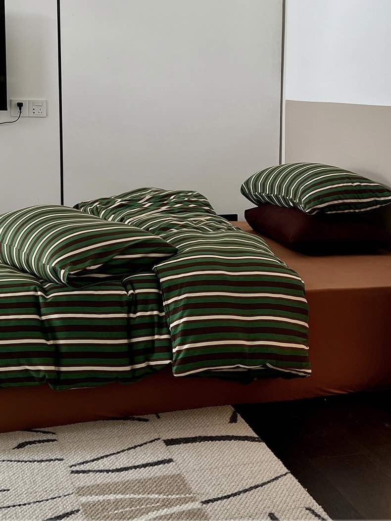 Retro Jersey Knit Stripe Queen Duvet Cover Set with Pillowcases & Fitted Sheet-4
