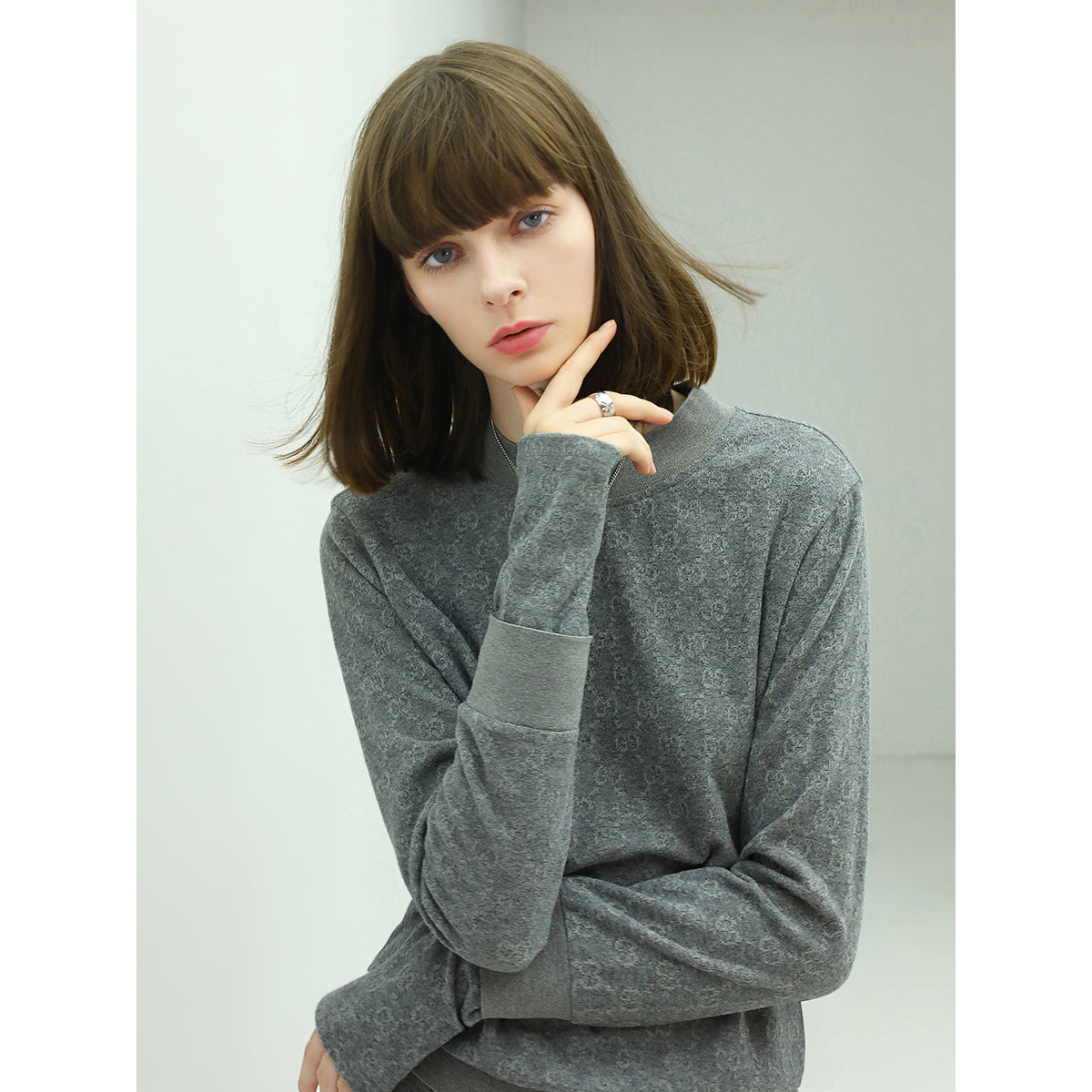 Round Neck Monogram Grey Two-Piece Knit Top-1