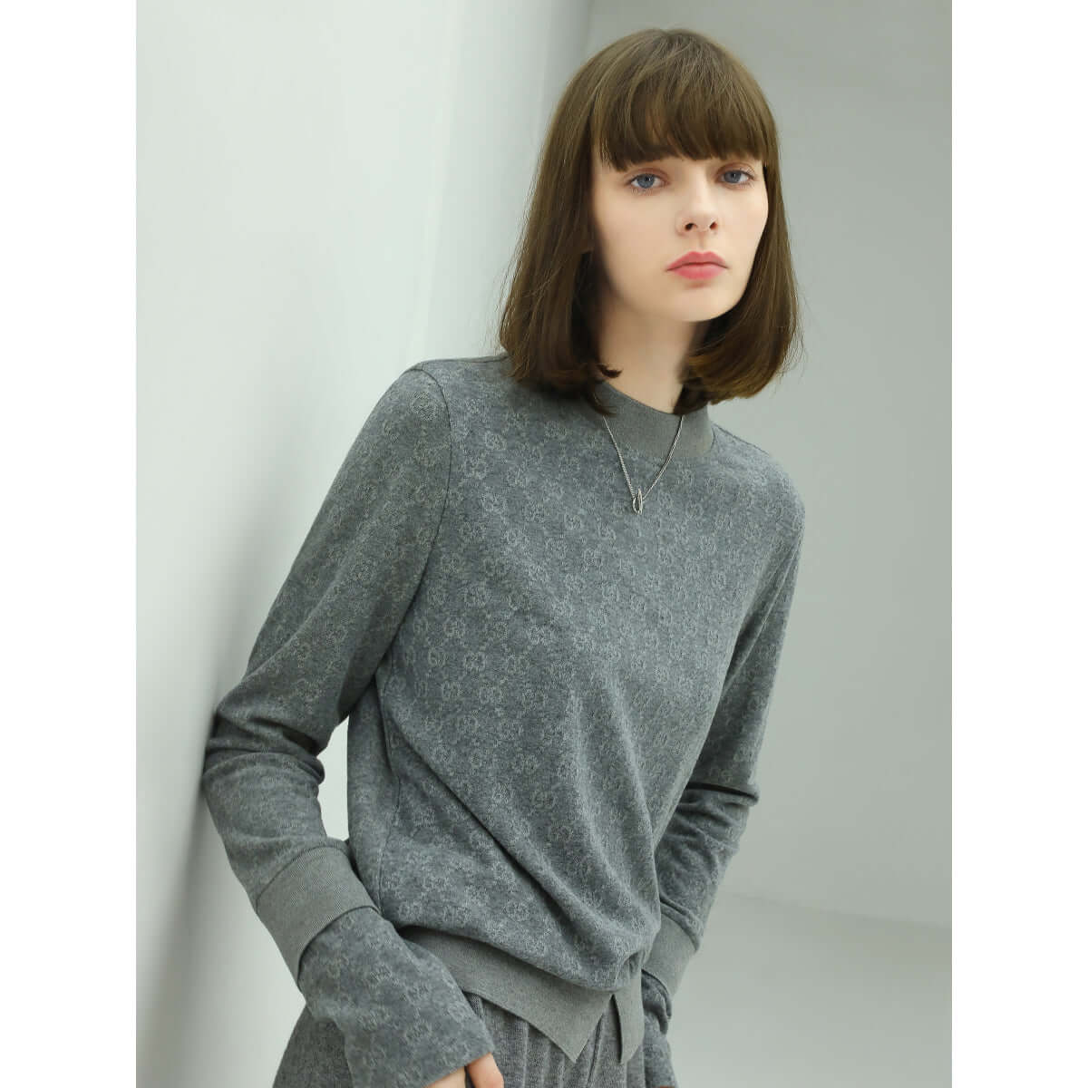 Round Neck Monogram Grey Two-Piece Knit Top-2
