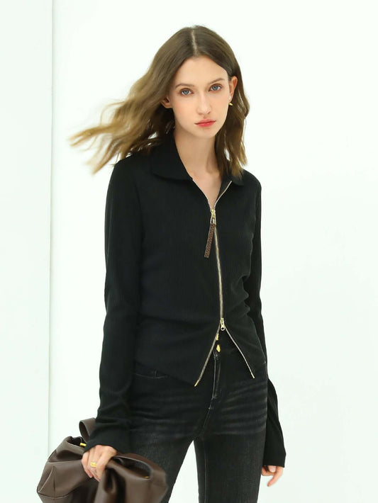 Sexy V-Neck Double Zip Cardigan-0