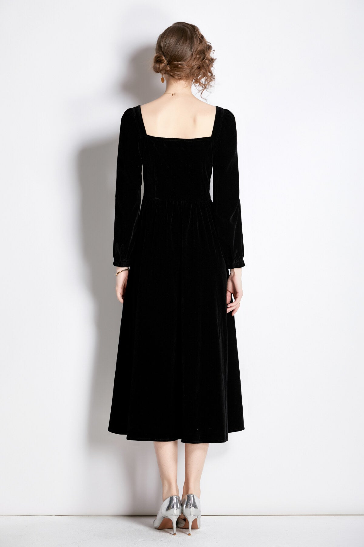 Square Sweetheart Neckline Vintage Velvet Dress-3
