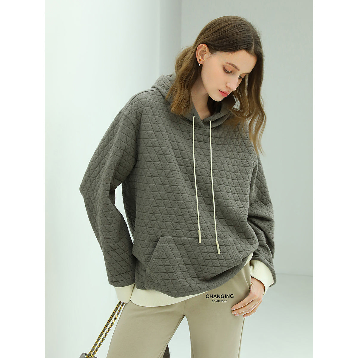 Stylish Geometric Grey Quilted Hoodie-1