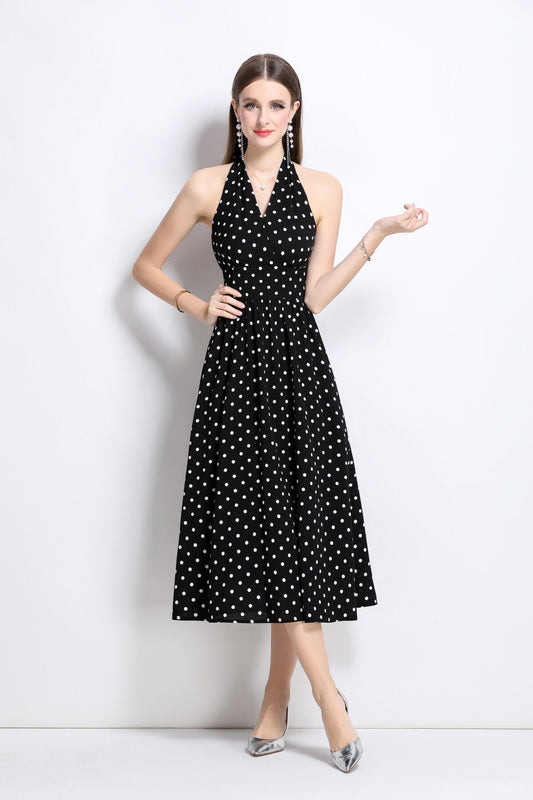 Vintage Halter Polka Dot Sleeveless Fitted Maxi Dress-0