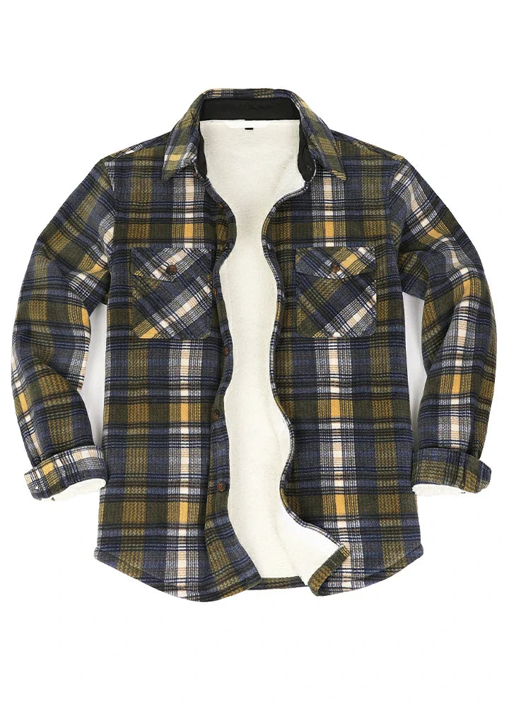 Men's Sherpa Fleece Lined Shacket,Button Down Plaid-18