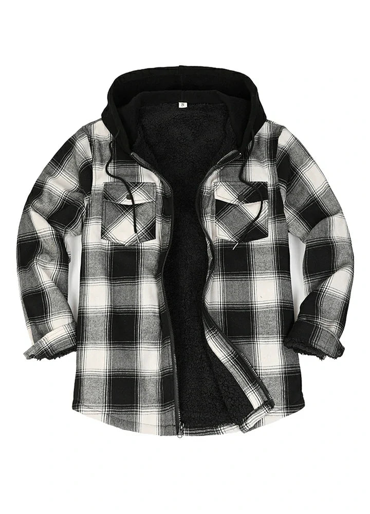 Men's Sherpa Lined Full Zip Up Flannel Plaid Hooded Jacket-22