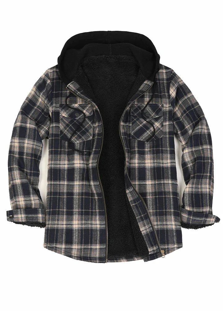 Men's Sherpa Lined Flannel Shirt Jacket with Hood,Plaid Shirt-Jac-1