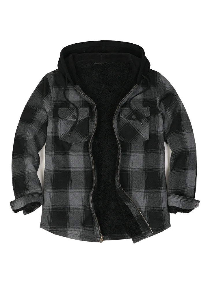 Men's Sherpa Lined Flannel Shirt Jacket with Hood,Plaid Shirt-Jac-17