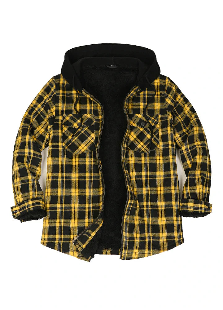 Men's Sherpa Lined Flannel Shirt Jacket with Hood,Plaid Shirt-Jac-18