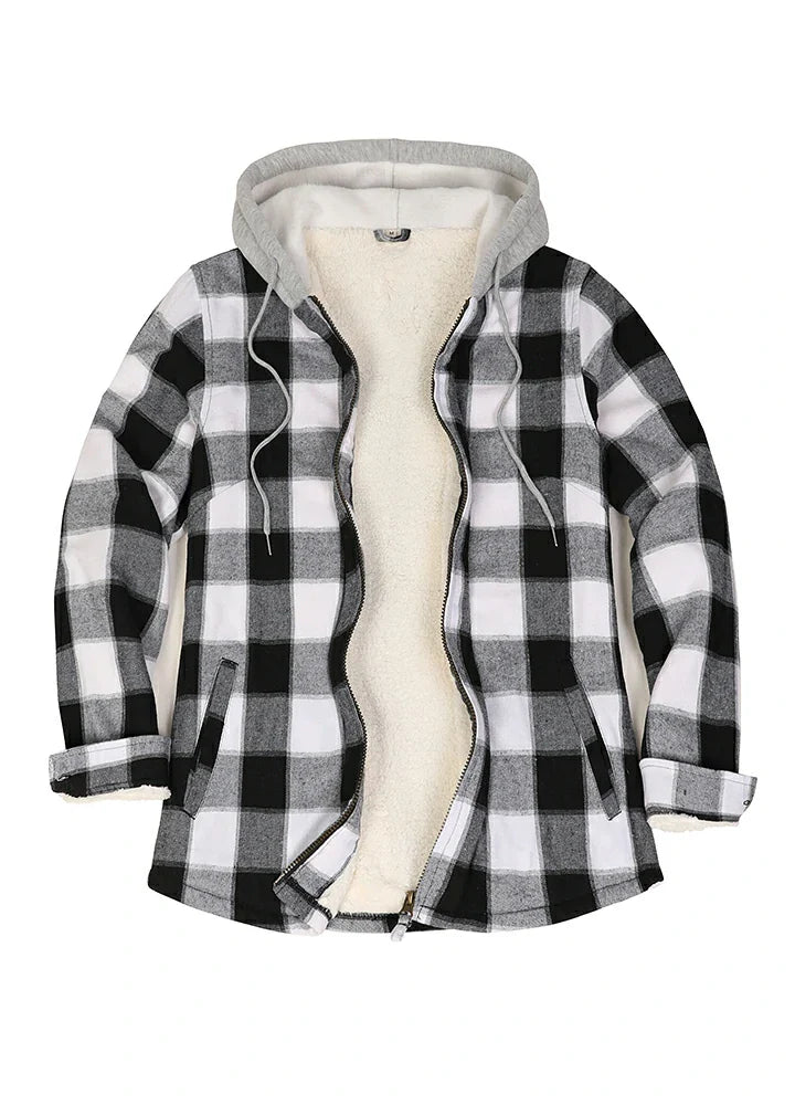 Women's Sherpa-Lined Full Zip Up Flannel Jacket with Fleece Hood-13