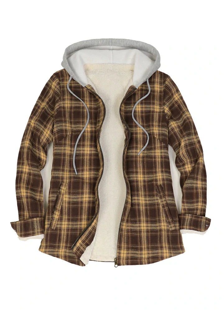 Women's Sherpa-Lined Full Zip Up Flannel Jacket with Fleece Hood-8