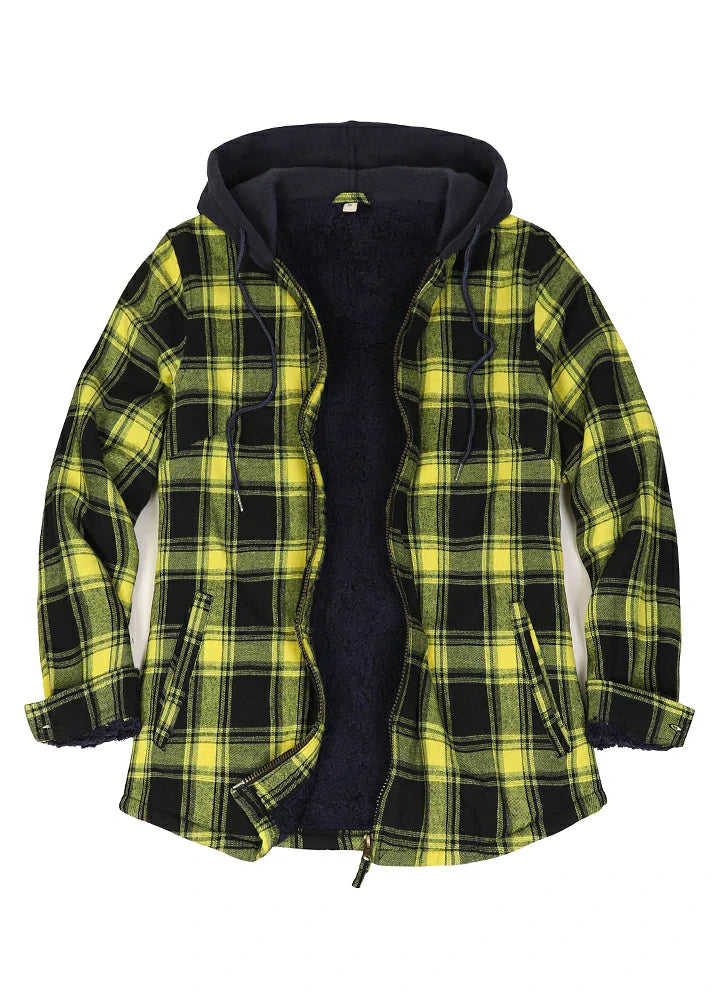 Women's Sherpa-Lined Full Zip Up Flannel Jacket with Fleece Hood-11
