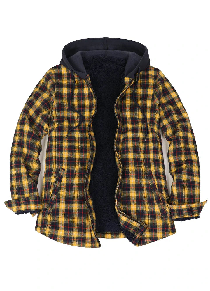 Women's Sherpa-Lined Full Zip Up Flannel Jacket with Fleece Hood-12