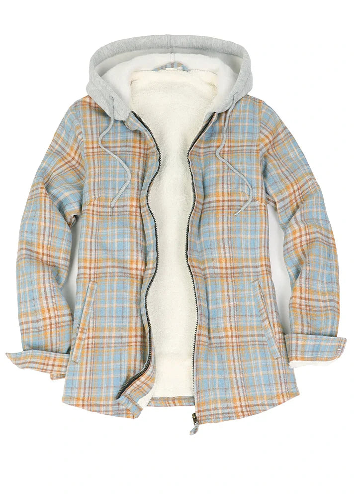 Women's Sherpa-Lined Full Zip Up Flannel Jacket with Fleece Hood-17