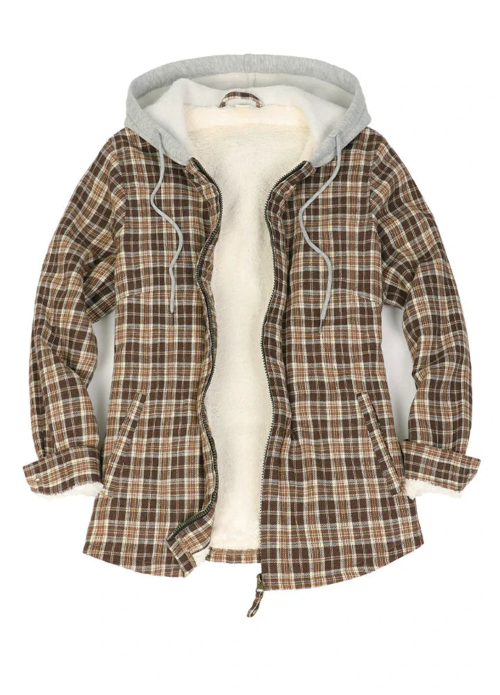 Women's Sherpa-Lined Full Zip Up Flannel Jacket with Fleece Hood-18