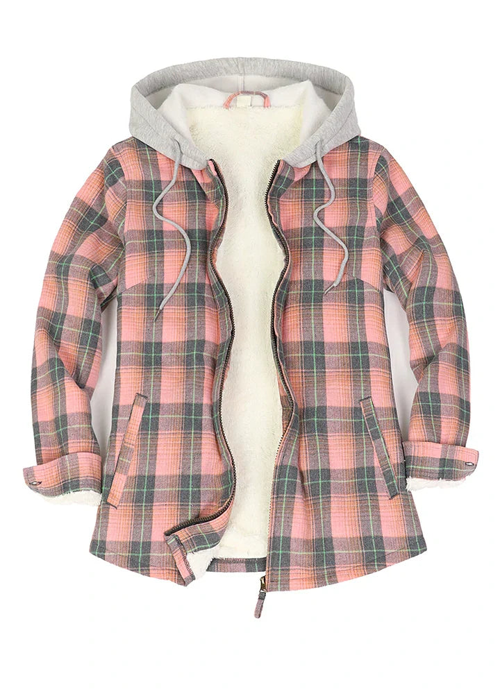 Women's Sherpa-Lined Full Zip Up Flannel Jacket with Fleece Hood-19