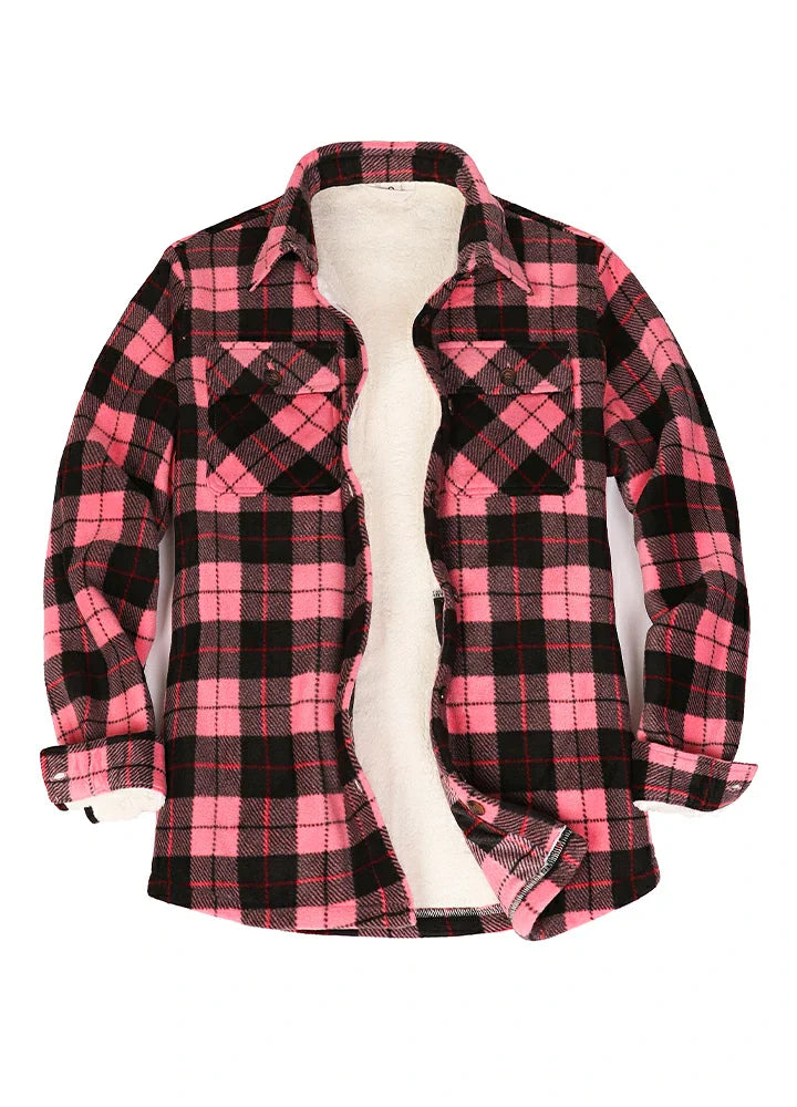 Women's Sherpa Lined Shirt Jacket Button Up Plaid Jacket-5